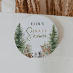 Forest Woodland Animals Baby Showbutton<br><div class="desc">Die neue Babydusche-Taste für Waldbewohner - perfekt für eine niedliche und skurrile Feier! Mit einem modernen Wasserfarbenwald-Thema mit bezaubernden Geschöpfen wie Fuchs, Braunbär, Hase und Hirsch ist es ideal für eine geschlechtsneutrale Dusche. Dieses böhmische Design Set eine süße und schlichte Szene mit seiner natürlichen Landschaft von grünen Bäumen und klassischen...</div>