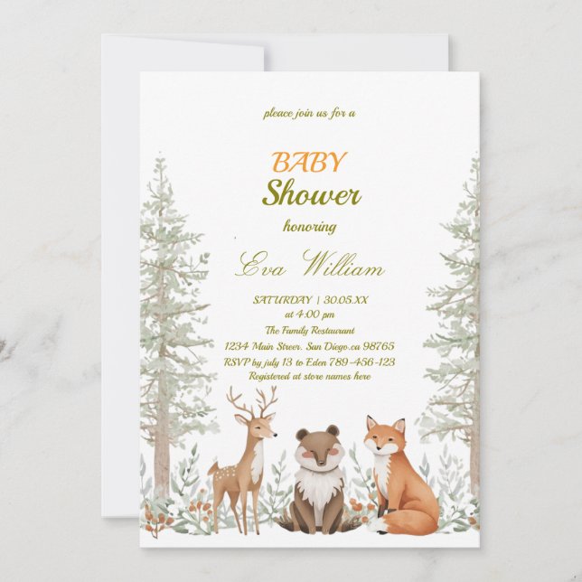 Forest Woodland Animals Baby Shower Invitation Einladung (Vorderseite)