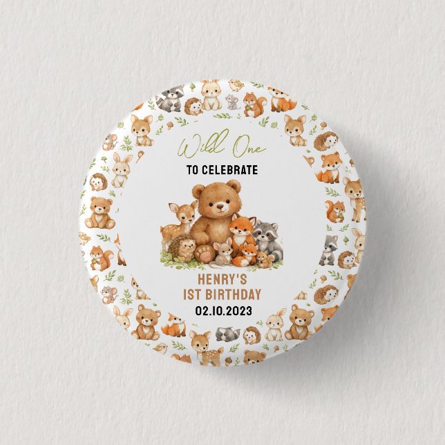 Forest Woodland Animals Wild One 1st Birthday Button (Vorderseite)