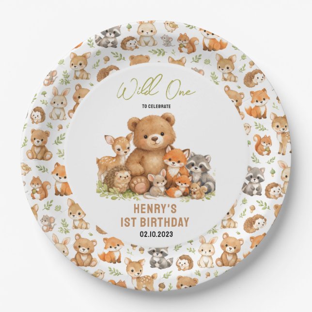 Forest Woodland Animals Wild One 1st Birthday Pappteller (Vorderseite)