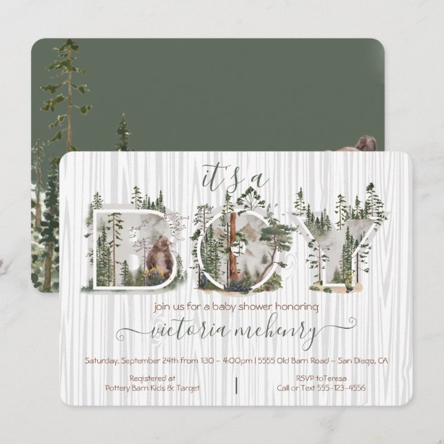 Forest Woodland Aquarellbärendusche Einladung (Vorne/Hinten)