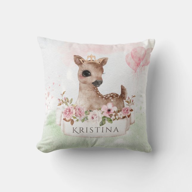 Forest Woodland Baby Girl Deer Wasserfarbe Name Kissen (Vorderseite)