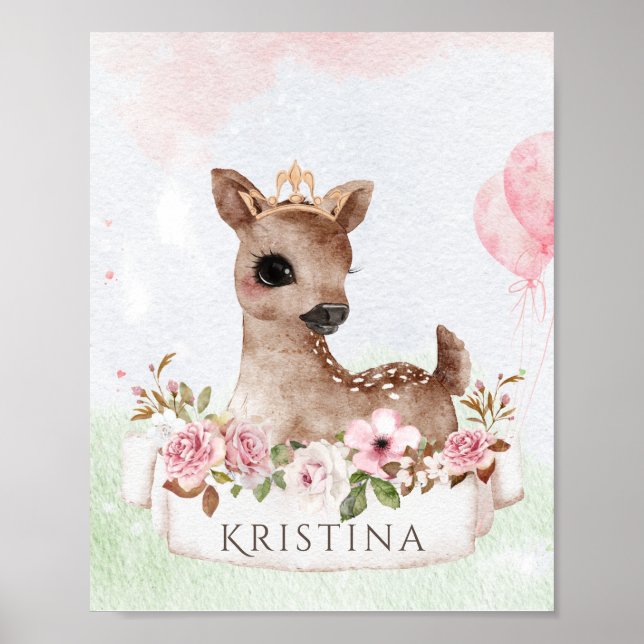 Forest Woodland Baby Girl Deer Wasserfarbe Name Poster (Vorne)