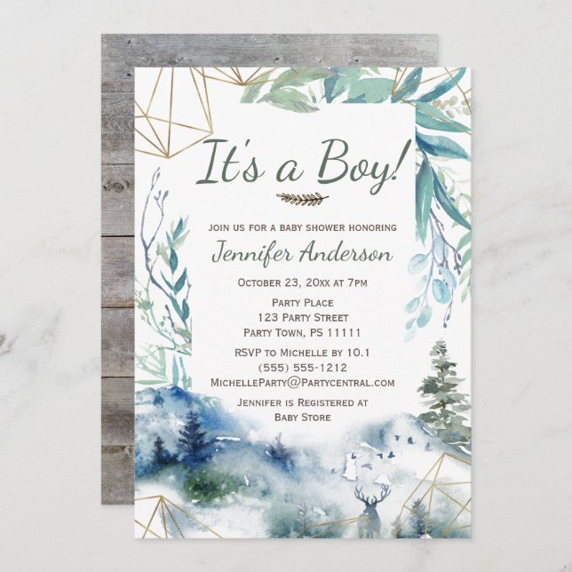 Forest Woodland Gold Country Deer Boy Baby Dusche Einladung (Vorne/Hinten)