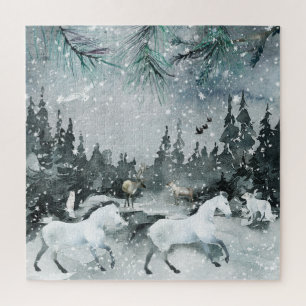 Forest Woodland Night Sky Weißes Pferd & Tiere Puzzle