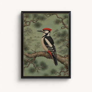 Forest Woodpecker Pine Chinoiserie Poster
