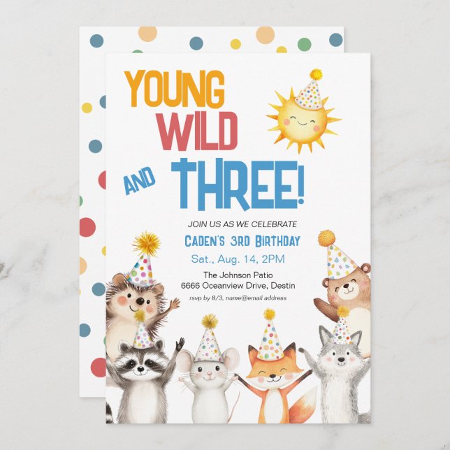 Forest Zoo Animals Party Hats 3rd Birthday Einladung (Vorne/Hinten)