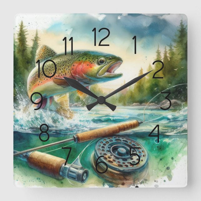 Foreut Fishing Quadratische Wanduhr (Vorderseite)