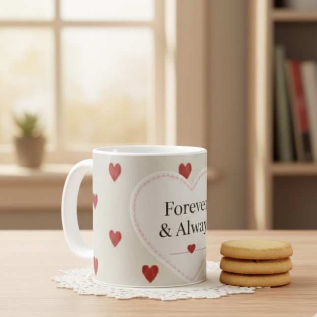"Forever & Always" minimalist rotes Herz Muster -  Kaffeetasse (Von Creator hochgeladen)