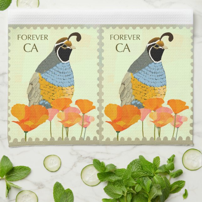 Forever California Poppy und Quail Kittuch Geschirrtuch (Gefaltet)