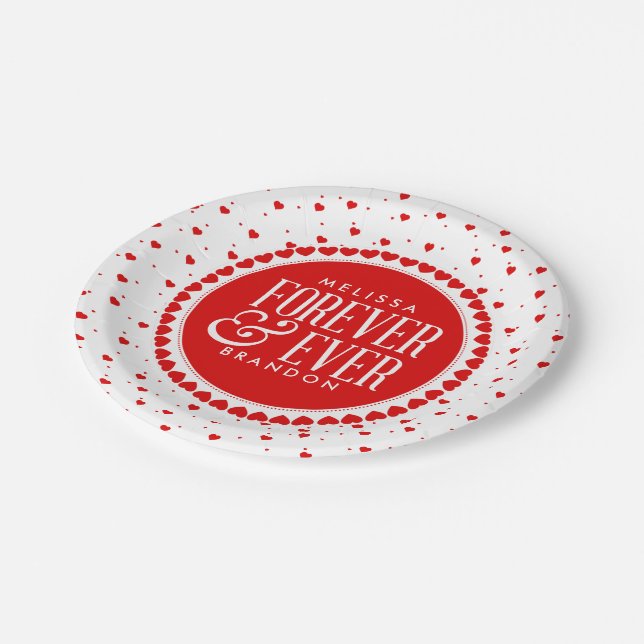 Forever & Ever Valentines Red Circle Hearts Pappteller (Schrägansicht)
