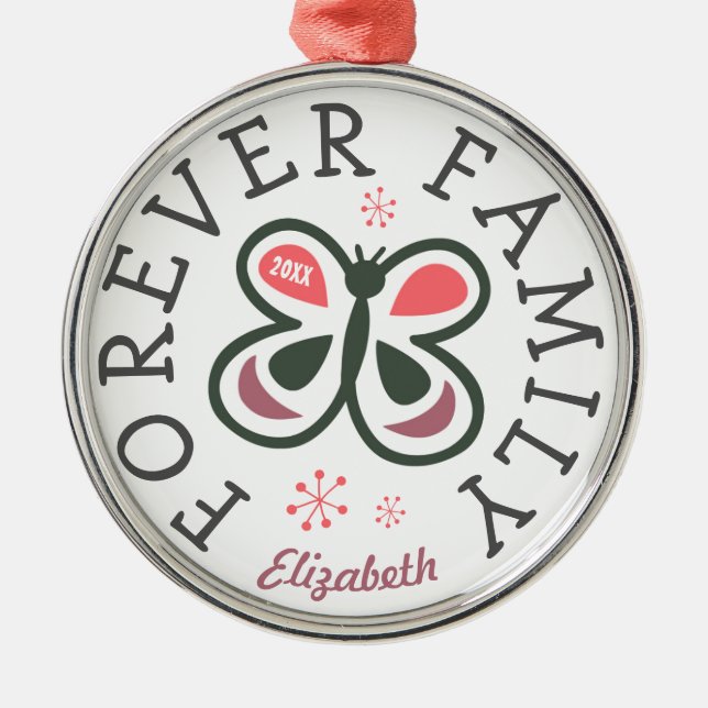 Forever Family Kids Pink Butterfly Adoption Gesche Ornament Aus Metall (Vorne)