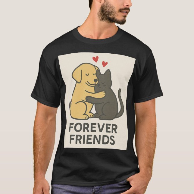 Forever Friends Cat & Dog Hugging T-Shirt | Cute P (Vorderseite)