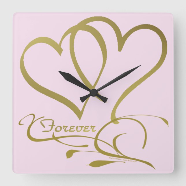Forever Hearts Gold bearbeitbare Hintergrundfarben Quadratische Wanduhr (Vorderseite)