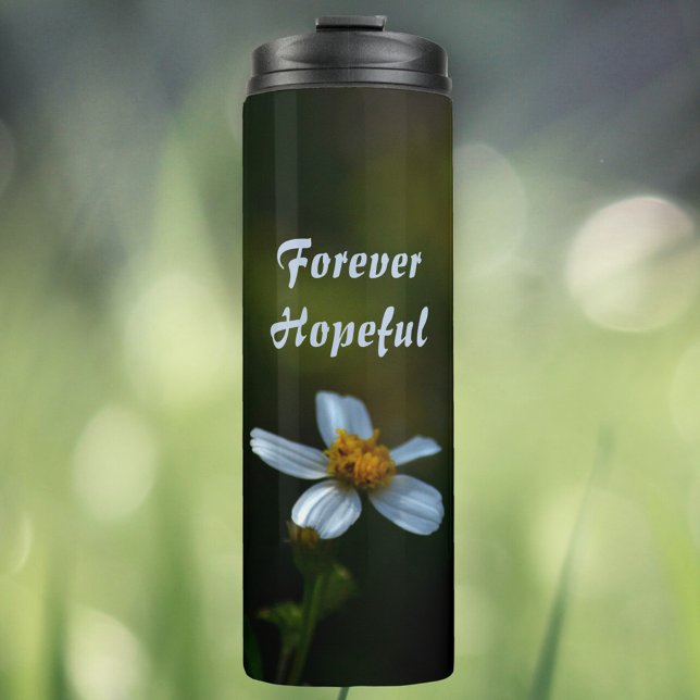 Forever Hoffful White Daisy auf Dunkelgrün Thermosbecher (Von Creator hochgeladen)