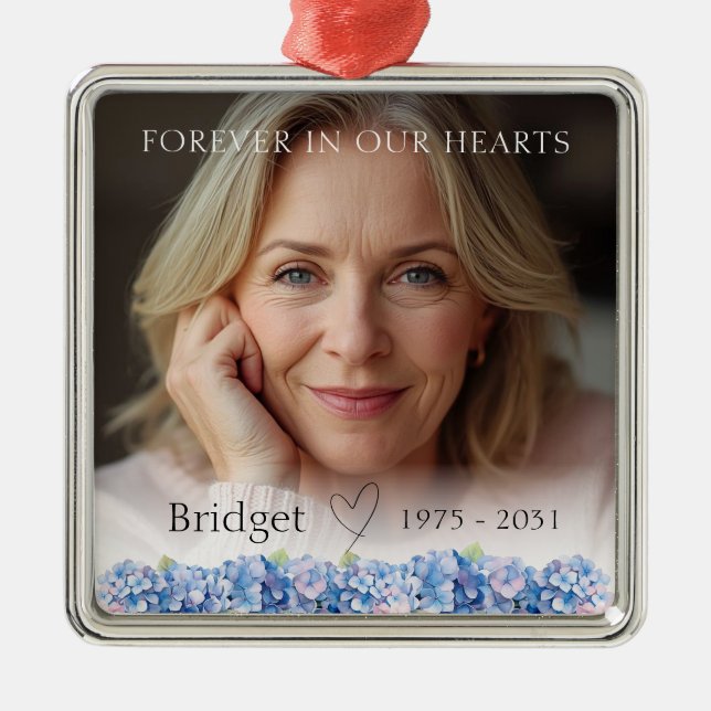 Forever In Our Hearts Blue Hydrangea Remembrance Ornament Aus Metall (Vorne)