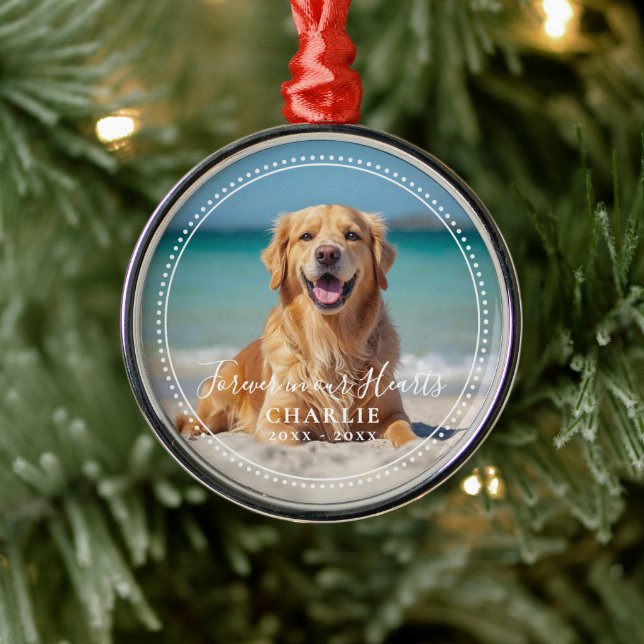 Forever in our Hearts Pet Memorial Name Photo Ornament Aus Metall (Baum)