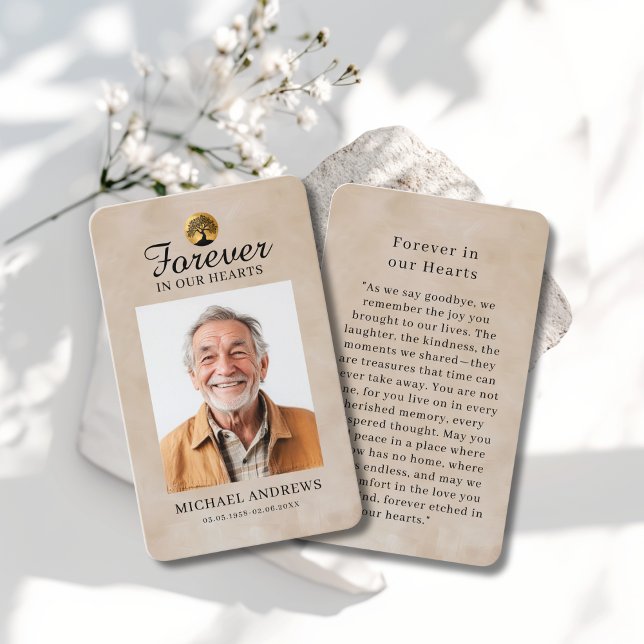"Forever in our Hearts" Tree of Life Photo Prayer  Visitenkarte ("Forever in our Hearts" Tree of -Life Photo Prayer Beige Custom Card)