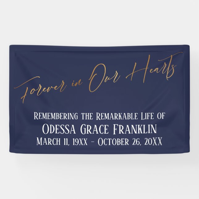 Forever in unserem Herz Gold Handwriting on Navy Banner (Horizontal)