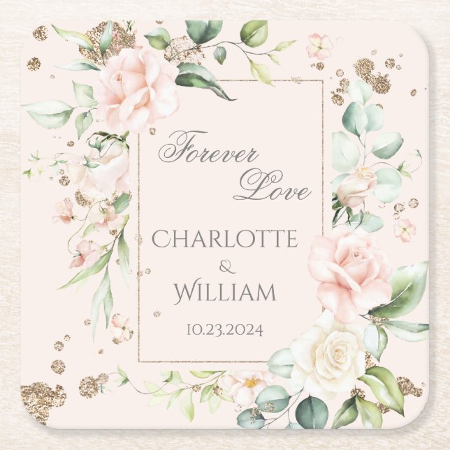 Forever Love Blush Wasserfarben Datum Hochzeit Rechteckiger Pappuntersetzer (Vorderseite)
