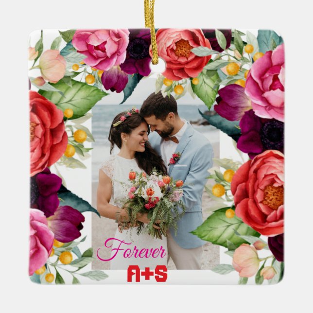 Forever Rose Floral Personalisierten Paare Foto Keramikornament (Vorderseite)