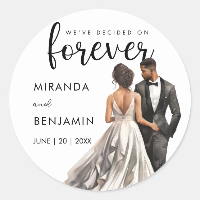 Forever Wedding Black Bride Groom Wasserfarbe Runder Aufkleber (Vorderseite)