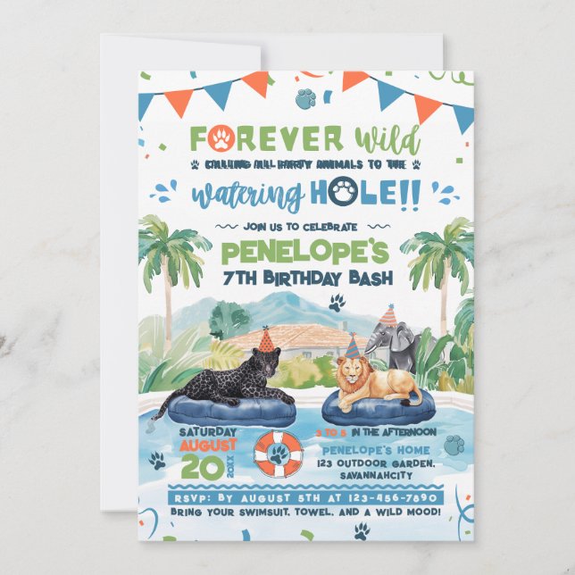 Forever Wild Animals Pool Party Geburtstag Einladung (Vorderseite)