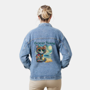 Forever Young Whimsical Floral Kitty Cat Malerei Jeansjacke