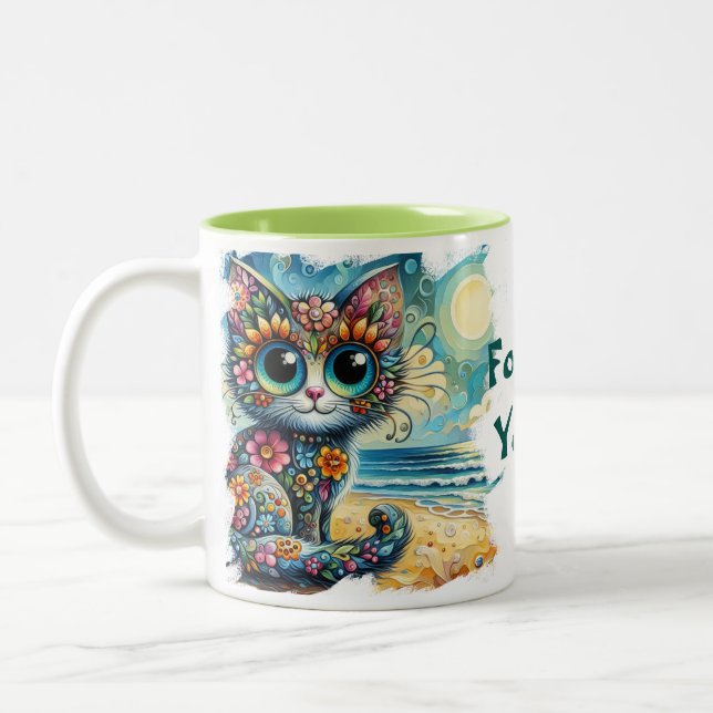 Forever Young Whimsical Floral Kitty Cat Malerei Zweifarbige Tasse (Links)