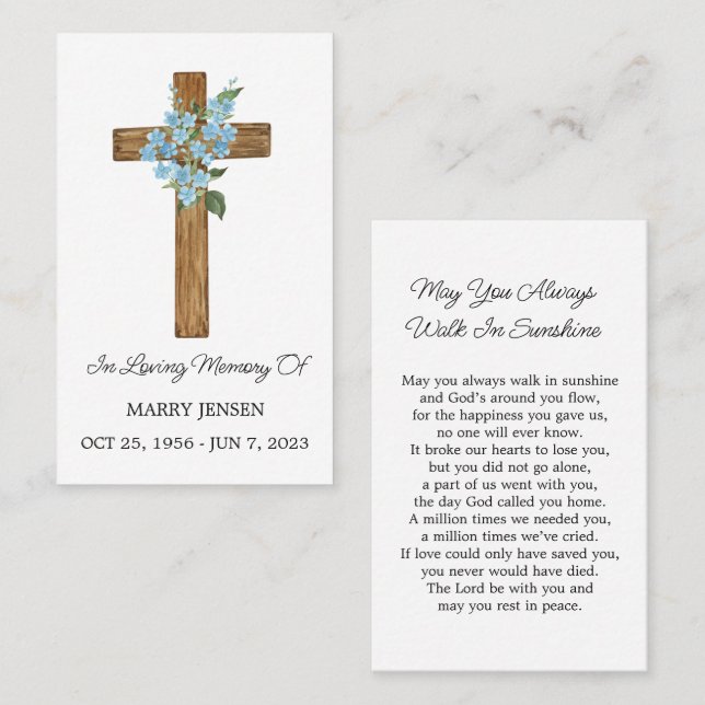 Forget me not Cross Memorial Funeral Prayer Card Visitenkarte (Vorne/Hinten)
