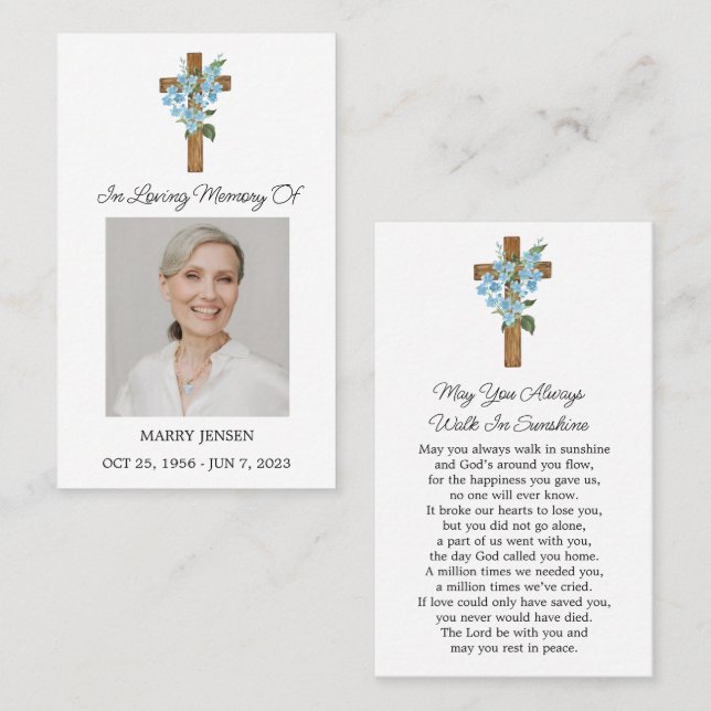 Forget me not Cross Photo Funeral Prayer Card Visitenkarte (Vorne/Hinten)