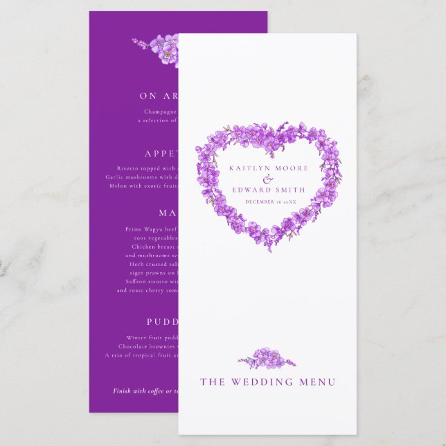 Forget-me-not heart purple white wedding menus menükarte (Vorne/Hinten)