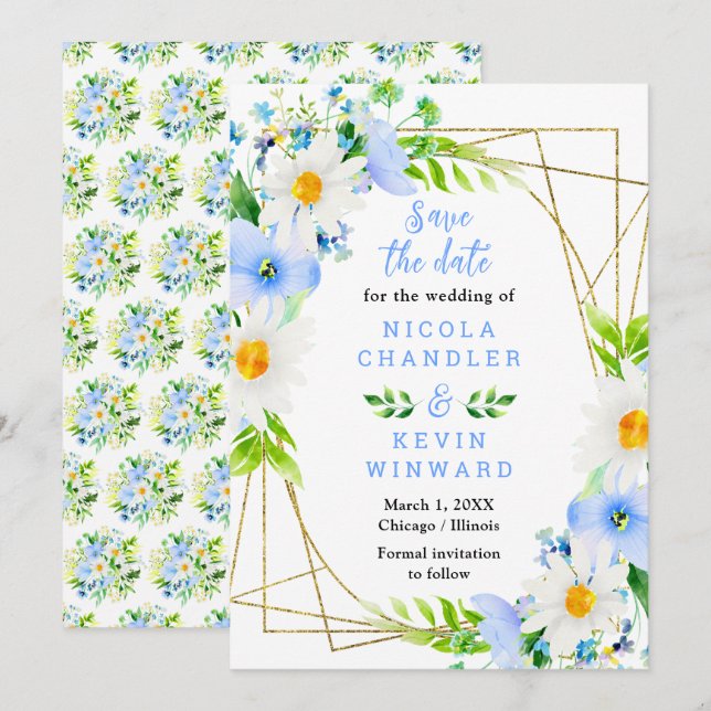 Forget Me Nots and Daisies Wedding Save The Date (Vorne/Hinten)