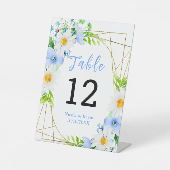 Forget-Me-Nots Daisies Floral Wedding Table Number Sockelschild (Vorderseite)