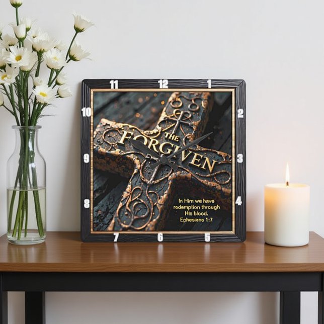 Forgiven The Cross Redemption Ornate Ephesians 1:7 Quadratische Wanduhr (Von Creator hochgeladen)