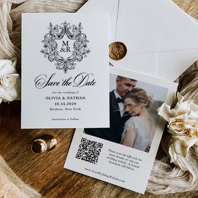 Formal Antique Crest | Photo and QR Code Save The Date (Von Creator hochgeladen)