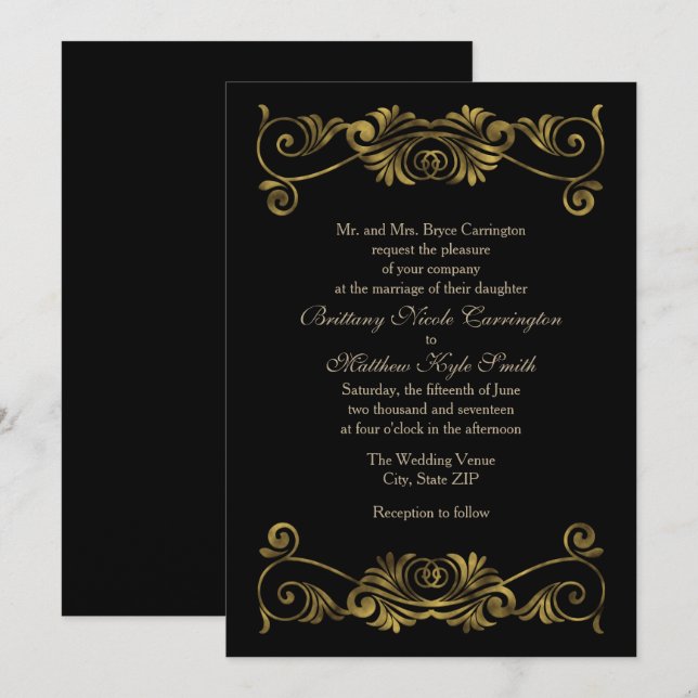 Formal Black and Gold Wedding Einladung (Vorne/Hinten)
