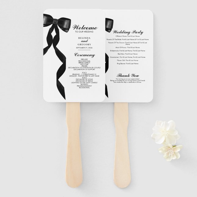 Formal Black Bow Ribbon Elegant Wedding Program Fächer (Vorne und Hinten)