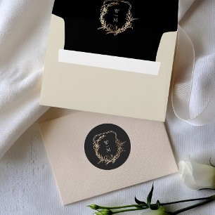 Formal Black & Cream Monogram Gold Wreath Wedding Runder Aufkleber
