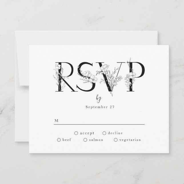 Formal Black Floral Letters Wedding RSVP Response Karte (Vorderseite)