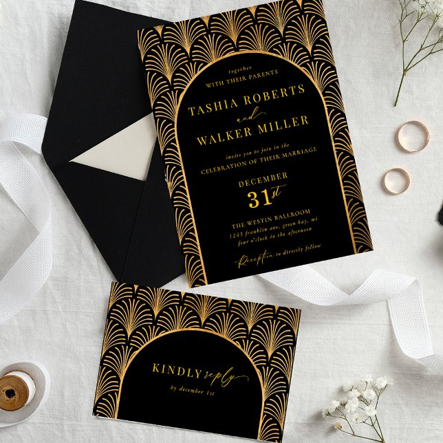 Formal Black Krawatte Gold Art Deco Schwarze Hochz Einladung (Black and Gold Formal Black Tie Wedding Invitation)