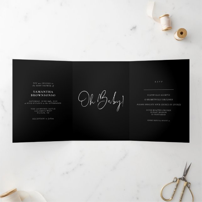 Formal Black Modern Baby Shower Dreifach Gefaltete Karte (Innenseite)