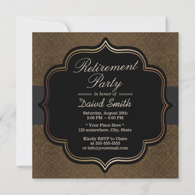 Formal Black Ribbon Brown Damask Retirement Party Einladung (Vorderseite)