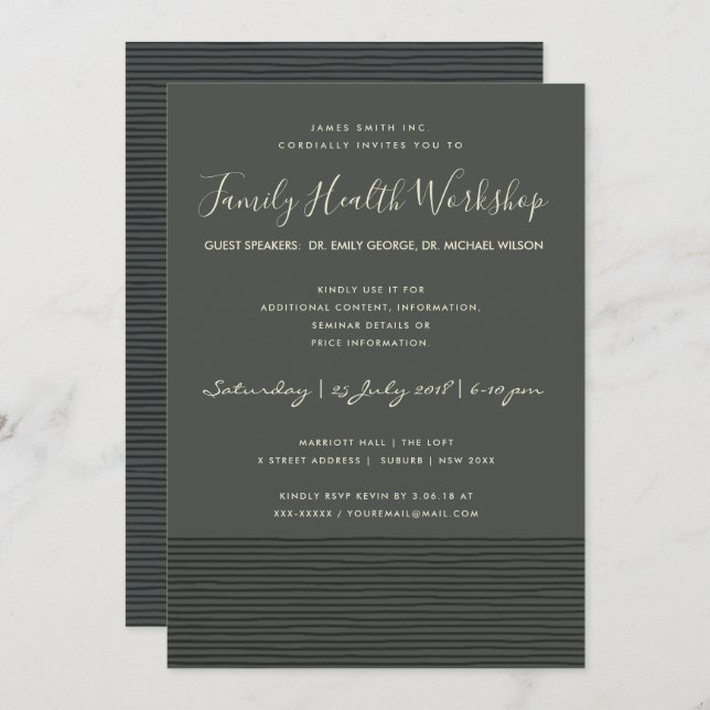 FORMAL BLACK STRIPE LINE WORKSHOP SEMINAR EINLADUNG (Vorne/Hinten)