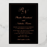Formal Black Wedding Rose Gold Folieneinladung<br><div class="desc">Traditionelles Schwarz-Rose-Goldfolie-Hochzeitsinspektion mit einem einfachen und klassischen Design mit Ihren zwei ersten Monogramm und Ihren Namen in einer eleganten Kalligraphie innerhalb eines dünnen Randes. Alle Designelemente auf der Vorderseite sind in realer Folie bedruckt. Diese luxuriöse Hochzeitseinladung mit zeitlosem Design ist perfekt für eine feierliche Hochzeit.</div>