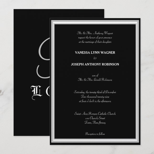 Formal Black White Monogram  Einladung (Vorne/Hinten)