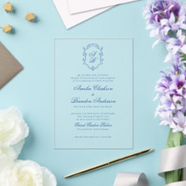 Formal Blue Floral Monogram Wappen & Script Weddin Acryleinladungen