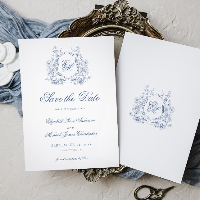 Formal Blue Floral Wappen Monogram Elegant Wedding Save The Date (Von Creator hochgeladen)