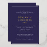 Formal Blue Frame Bar Bat Mitzvah Gold Folieneinladung<br><div class="desc">Elegante formale Solid Blue Frame Bar Bat Mitzvah Gold Foil Einladung Vorlage</div>