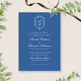 Formal Blue Leaf Monogram Wappen & Script Wedding Einladung